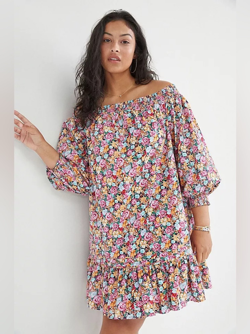 Anthropologie Maeve Off-the-Shoulder Smocked Floral Flounced Mini Dress Large - Picture 2 of 13